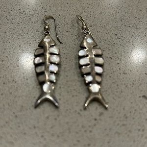 Sterling silver fish bone earrings with white mother of pearl look inlayed 2”